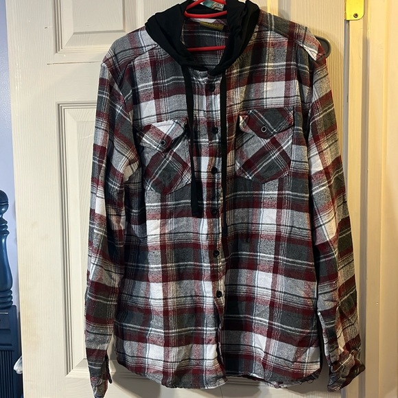 Revess Large Men’s Flannel Hooded button down shirt - Picture 1 of 4